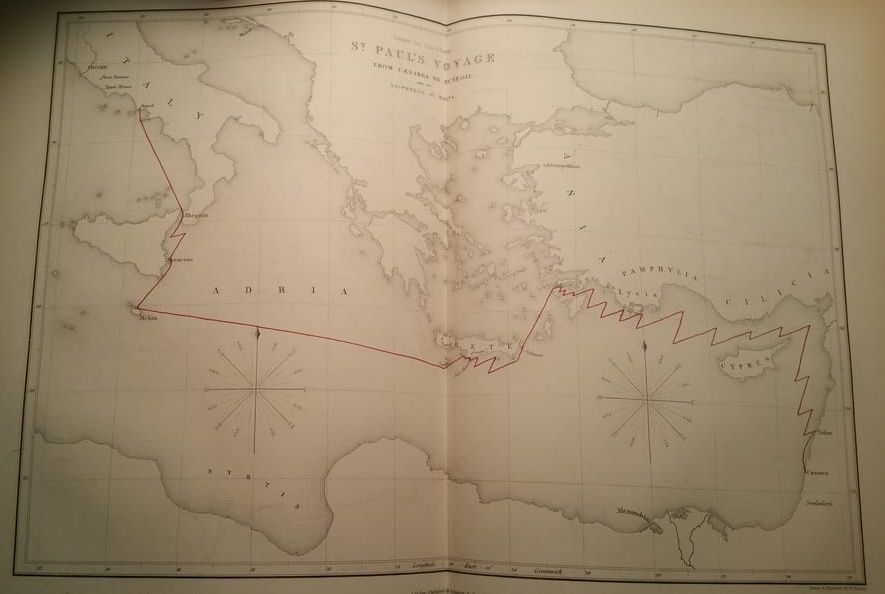 Map of Paul's voyage to Rome, shipwrecked at Malta